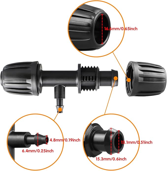 Drip Irrigation Fittings Kit for 1/2 Inch Drip Tubing, 20 Pieces Set 1/2'' Drip Line Anti-Drop Barbed Locked Nut Connectors - 4 Tees 4 End Caps 3 Valves 2 Elbows 7 Reducing Tee Connectors