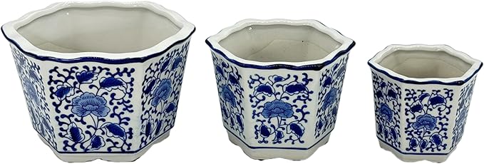 Galt International Blue & White Floral Porcelain Ceramic Decorative Flower Pot 8"/6"/4.5" Garden Pots Chinese Asian Design - Set of 3 Hexagonal