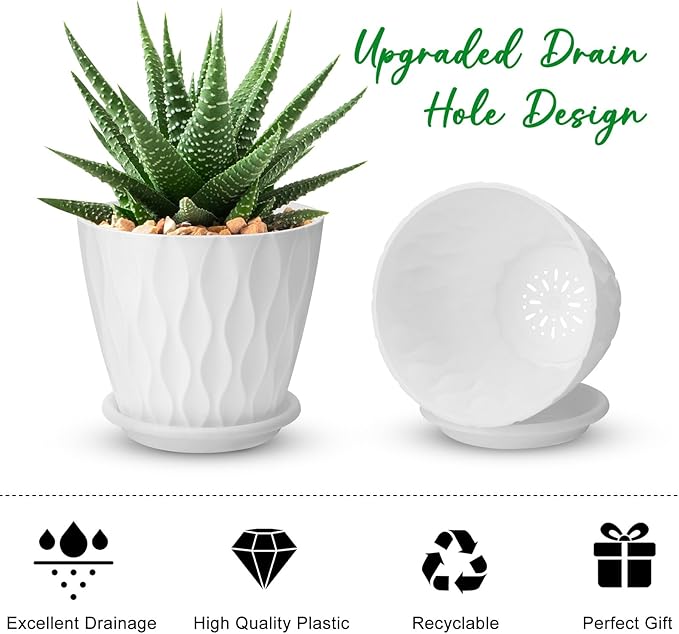 YNNICO 4 inch Plant Pots, 5 Pack Flower Pots Outdoor Indoor, Planters with Drainage Holes and Tray Saucers（White）