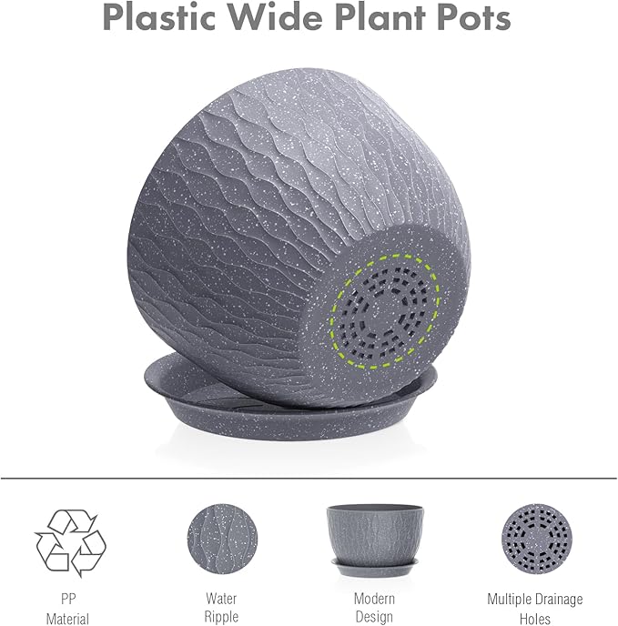Meowell Large Flower Pots 12/10/9 inch, 3 Set Big Plant Pots for Outdoor Indoor Plants with Water Ripples, Wide Plastic Planters with Drainage Holes and Saucers for Garden House Plants, Speckled Grey