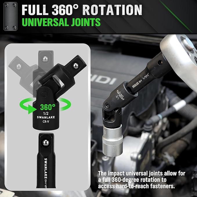 18-piece Impact Socket Extension Set Tools, Swivel Universal Joint, Deep 1/4", 3/8", 1/2" Drive Socket Adapter, Extension Bar, 3 Ratchet Coupler, CR-V Steel Alloy Corrosion-Resistant Mechanic Tools