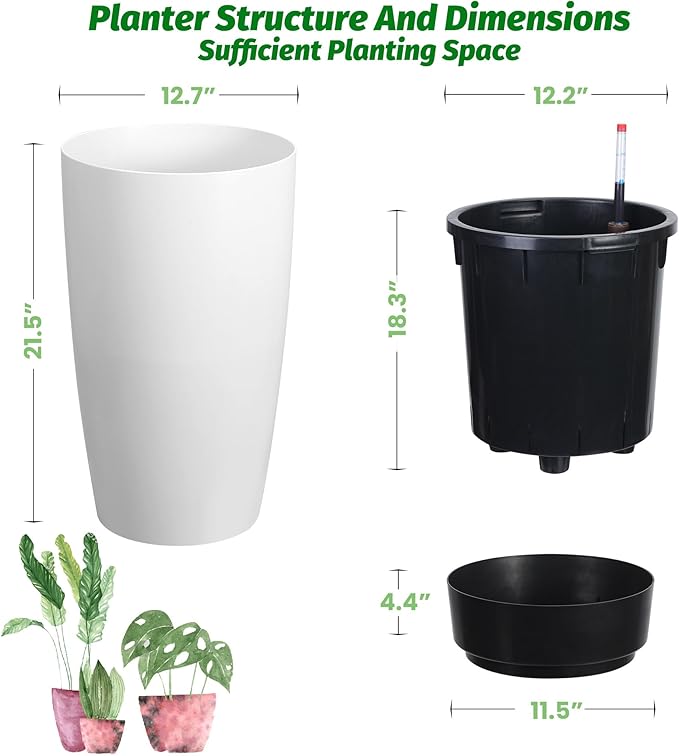 22" Tall Round Planter Set of 2, Self Watering Pots for Indoor Plants, Large Flower Pot Outdoor With Built-In Drainage and a Water Level Monitor, for Patio, Porch, Living Room, or Home Office, White