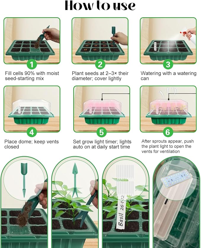 Seed Starter Tray with Grow Light (2x 24-LED), 2 Pack Seed Starter Kit with Humidity Domes and Timing Controller, Adjustable Brightness, Reusable Seedling Starter Tray, Thicken Seed Starting Trays