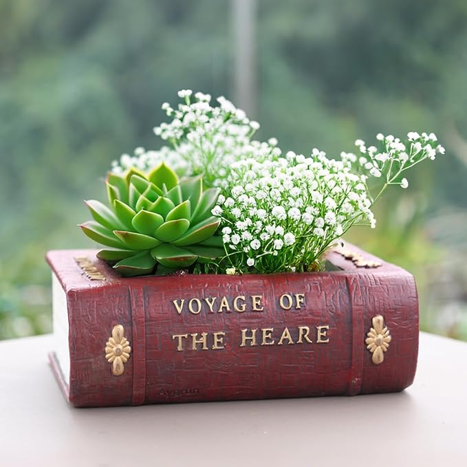 Succulent Pots Book Shaped Planter - Cute Resin Flower Pot Bookshelf Decor Creative for Sempervivum with Drainage, Gift for Women, Man, Office, Indoor Plants, Book Lovers, 7.0″x5.0″x2.3″