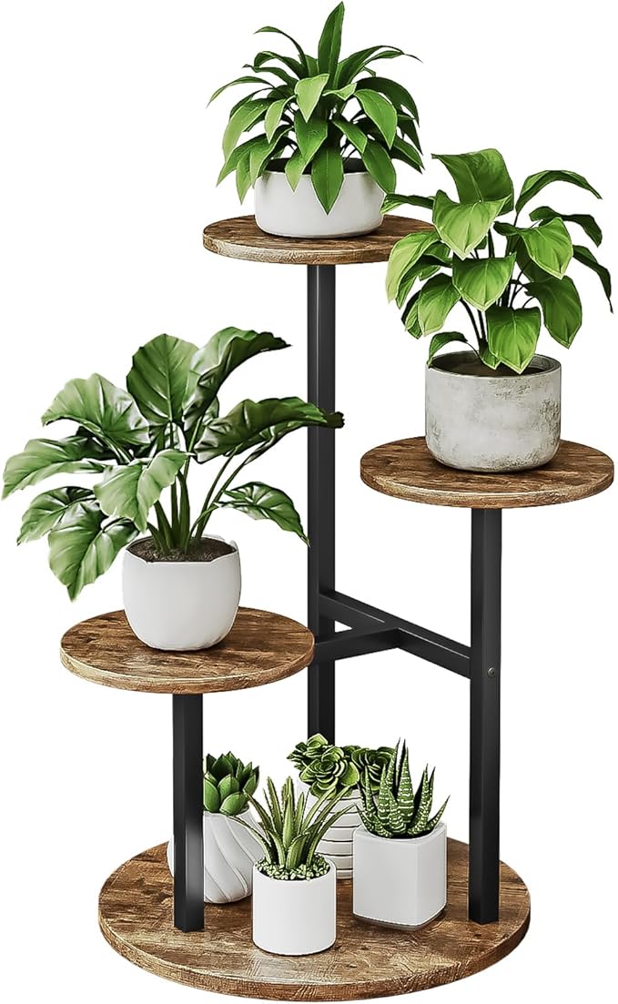 INGIORDAR Plant Stand Indoor Outdoor Corner Flower Stands Multiple Flower Pot Holder for Patio Garden Balcony Living Room 4 Tier Black+Rustic Brown