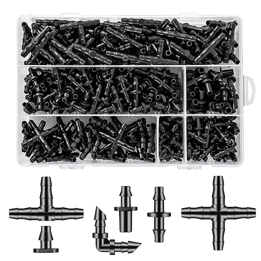 Unoutur 300 Pcs Barbed Connectors Drip Irrigation Fittings Kit, 1/4" Drip Irrigation Kit for Garden Flower Pot Greenhouse Lawn (Straight Barbs,Single Barbs,Tees,Elbows,End Plug,4-Way Coupling)