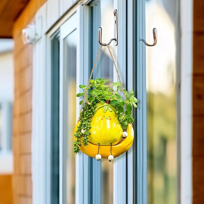 Cute Hanging Planter Pot for Indoor - Swing Smiley Planter for Outdoor Plants - Ceramic Succulent Plant Pot with Face