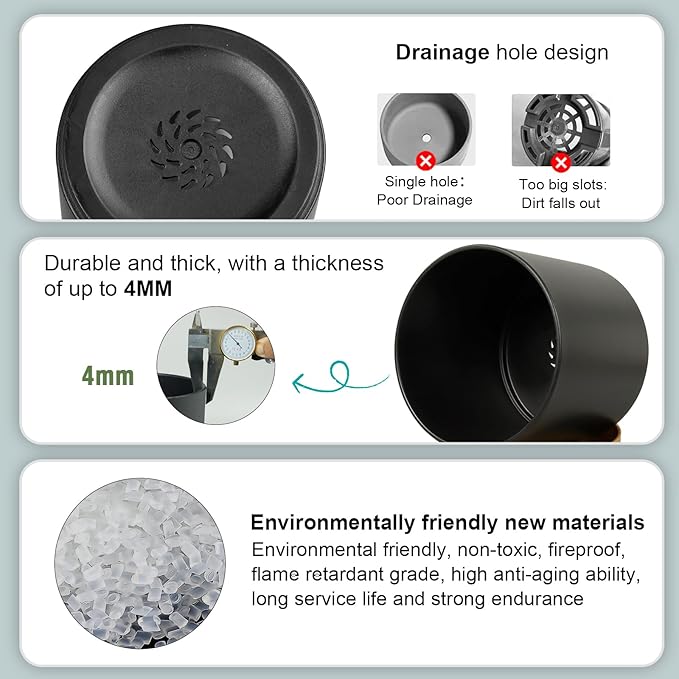 WSMKSZ 5 Pack Cylindrical Flower Pots with 7/6.5/6/5/4 inch, Modern Small Plastic Plant Pots with Drainage Holes & Saucers, Round Planter Pots for Outdoor, Indoor & Office Decor (Black Brown)