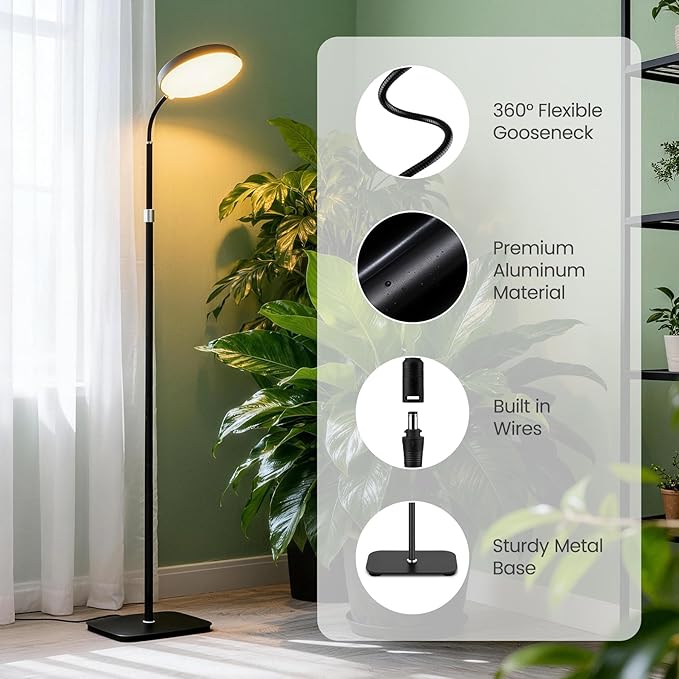 20W Full Spectrum Grow Light for Indoor Plants, 63in Adjustable Floor Lamp with Gooseneck, 4000K Natural Sunlike Light, 3/9/12H Auto On/Off Timer, 10-Level Dimmable for Tall Small Plants