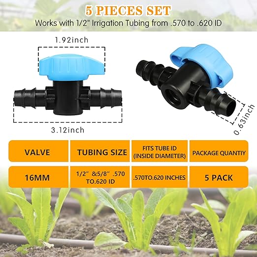 Gardrip 5 Pack 1/2 Inch Drip Irrigation Valve: 1/2 in. in-Line Shut Off Valves for 1/2 Inch Drip Irrigation Tubing (.570-.620" ID) Barbed Cut Off Switch Valve for Garden Irrigation System