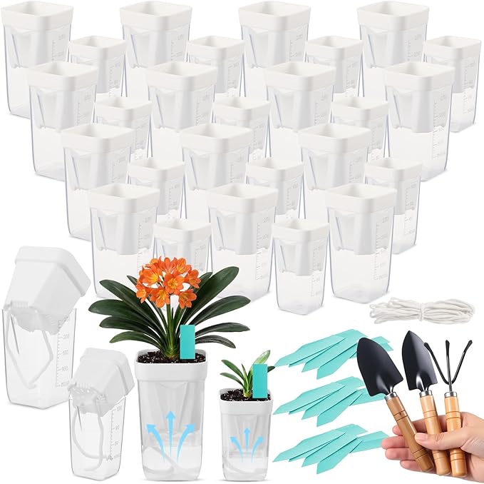 30 Pack 2" 2.5" Small Self Watering Pots for Indoor Plants Clear Mini Self Watering Plant Pot with Water Level Drainage Holes 30 Plastic Label 3 Planting Tools Rope for Propagation Succulent