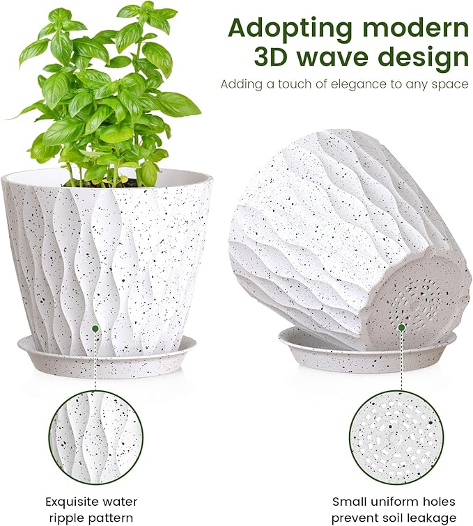 Meowell 7/6.5/6/5.5/5/4.5/4 inch Plant Pots for Indoor Outdoor Plants, 7 Pack Thick Flower Pots with Drainage Holes and Saucers, Modern Wave Texture Plastic Planters Nursery Pots, Speckled White