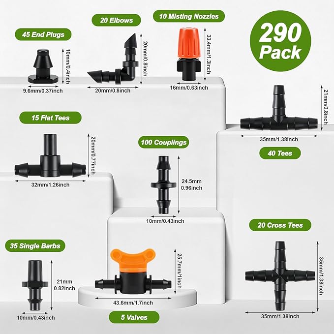 RedChili 290 Pack Drip Irrigation Fittings Kit for 1/4" Tubing, Complete Set with Barbed Connectors (Misting Nozzles, Flat Tees, Single Barbs, Valves, Couplings, Valves, Tees, Elbows, Plugs, Crosses)