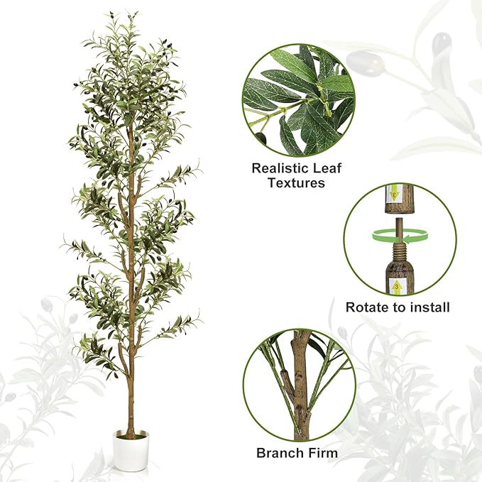TNELTUEB Artificial Olive Tree 7FT-Large Faux Olive Trees Indoor with White Planter & Basket and Lights, Tall Fake Olive Plants Silk Tree with Branches and Fruits for Christmas Home Decor Office