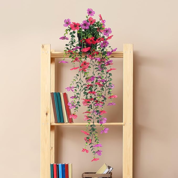 Fake Plants Hanging Artificial Potted Faux Eucalyptus Plants and Flowers for Modern Boho Farmhouse Bathroom Office Desk Wall Book Shelf Living Room Aesthetic Decor Indoor (Purple & Rose Red)