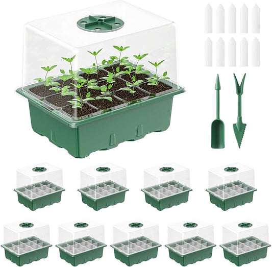 Pawfly 10 Pack Seed Starter Kit, 120 Cells, Seed Starter Trays with 4" Humidity Domes, Planting Tools & Labels, Indoor Seedling Starter Trays, Reusable Plant Germination Trays, Seed Starting Trays