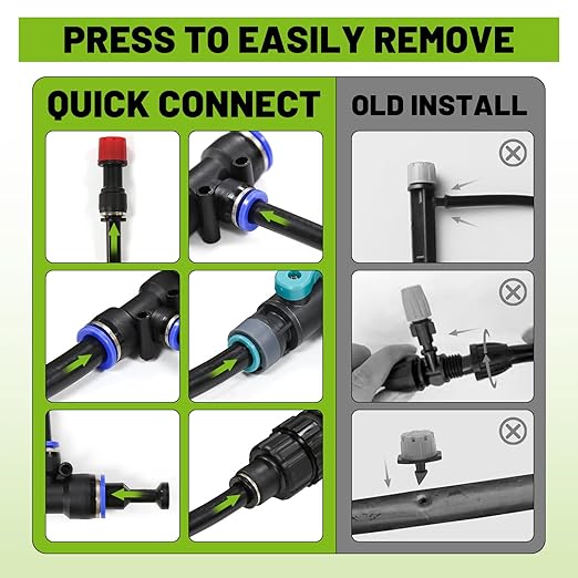 Drip Irrigation Kit - 100ft Automatic Watering System with 24 360° Sprinkler Nozzles, T-Connectors for Garden, Lawn, Greenhouse, Patio Plants & Hydroponics