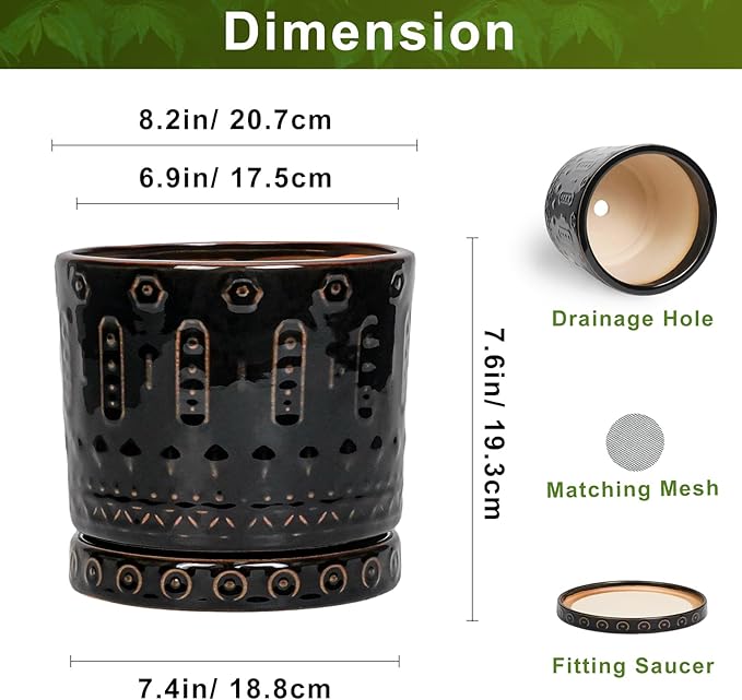 Eightpot 8 Inch Pots for Plants, Ceramic Plant Pot for Indoor Outdoor, Round Planter with Drainage Hole and Tray, Modern Flower Pot, Decorative Plant Pots, Room Decor, House Warming Gifts, Black