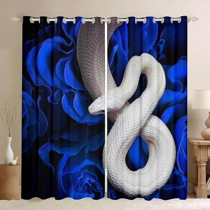 3D White Snake Blackout Curtains,Jungle Animal Curtains & Drapes,Blue Rose Flower Window Treatments 2 Panels 42"Wx63"L,S-Shaped Reptile Little Dragon Skin Window Curtains Wildlife Exotic Decor
