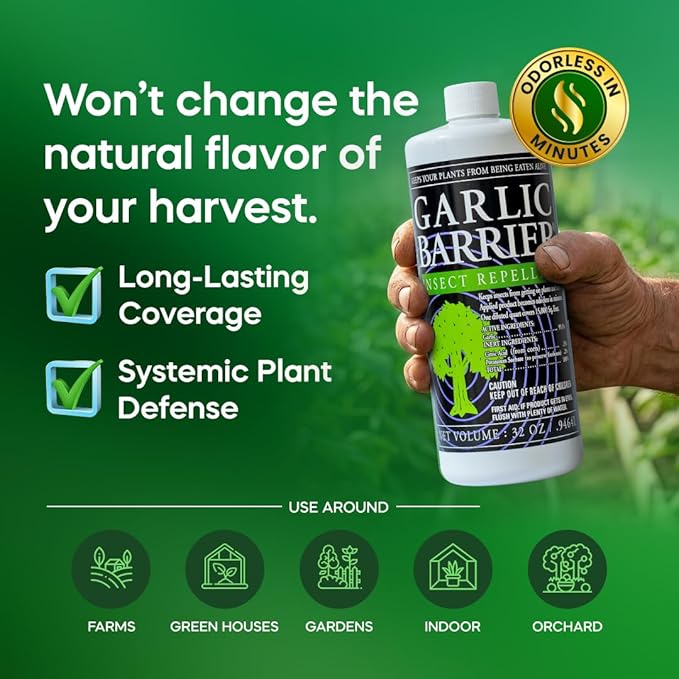 Liquid Garlic Insect Repellent Concentrate, 32 fl oz (2 Pack) – OMRI Listed Garlic-Based Formula for Farms, Crops, Gardens & Greenhouses – Indoor & Outdoor Plant Protection