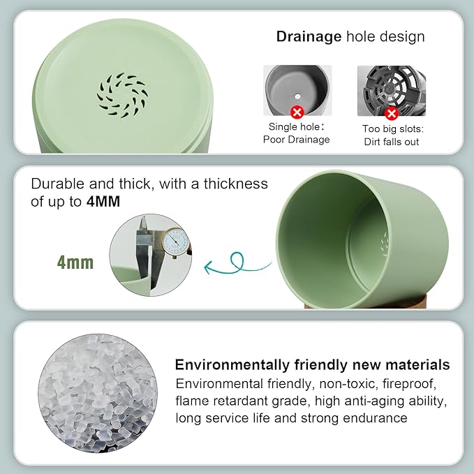 WSMKSZ 5 Pack Cylindrical Flower Pots with 7/6.5/6/5/4 inch, Modern Small Plastic Plant Pots with Drainage Holes & Saucers, Round Planter Pots for Outdoor, Indoor & Office Decor (Green Brown)