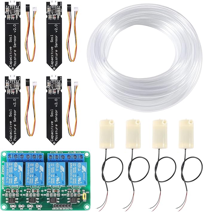 UMLIFE 4pcs Capacitive Soil Moisture Sensor 4Channel 5V Relay Module and 4pcs Water Pump + 4M Vinyl Tubing for Arduino Moisture Detection Garden Watering DIY