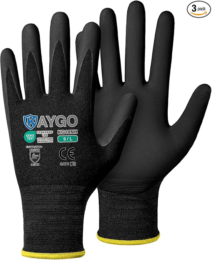 KAYGO Safety Work Gloves MicroFoam Nitrile Coated, 3 Pairs KG18NB,Seamless Knit Nylon Glove with full fingers Touchscreen, Ideal for Automotive,Warehouse,Construction (L, Black)