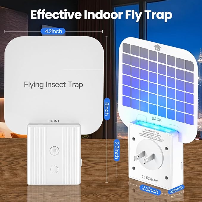 Fruit Fly Traps for Indoors, Plug in Flying Insect Trap with Auto Night Light, Bug Catcher Indoor, Fly Trap Indoor for Fruit Flies, Gnats, Mosquito, Moths (1 Device + 5 Glue Cards)