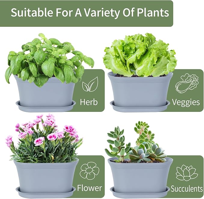 Oliz Windowsill Herb Garden Planter with Tray, Set of 6 Grey Oval Farmhouse Garden Pots for Indoor/Outdoor Plants (No Seeds)