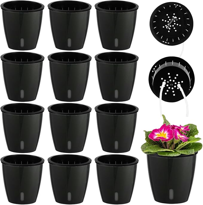Planterhoma 5 Inch Self Watering Pots for Indoor Plants, 12 Packs African Violet Pots with Indicator, Black Wick Pot with Drainage Holes, Self Watering Planters for Orchid, Devil's Ivy, Black