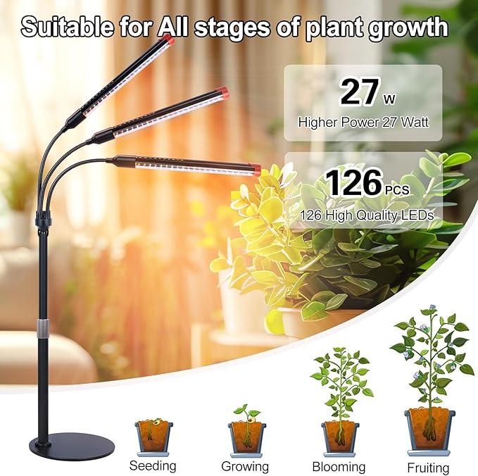 FRGROW 3Head Tabletop Grow Lights for Indoor Plants, Seed Starting, Vegetables, Bonsai, Bright Desk Plant Growing Lamps, 4/8/12/16/20H Timer, 27 Watt Power Draw, NO Need Adapter, 360° Gooseneck