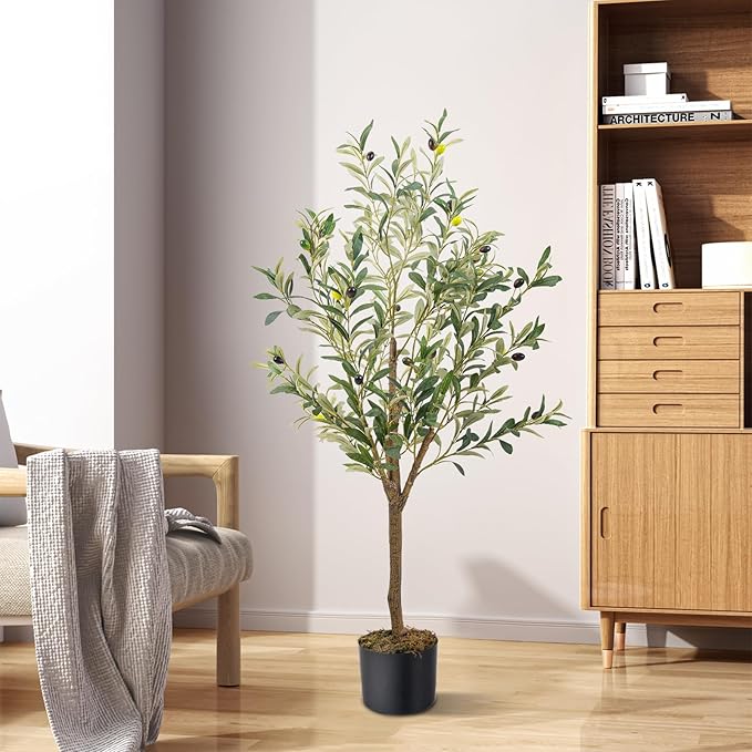 Artificial Fake Olive Tree 4FT Tall 1Pack Faux Silk Olive Tree for Home Living Room Office Decor Faux Artificial Plants Indoor Fake Potted Plants with Fruit & Free Moss