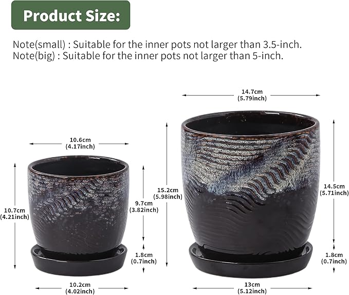 Set of 2 Ceramic Planters with Drainage Holes & Saucers - 4 + 5.75 Inch Purple & Blue Reactive Glaze Flower Pots - Unique Speckled Succulent Orchid Pots for Indoor Outdoor Modern Decor