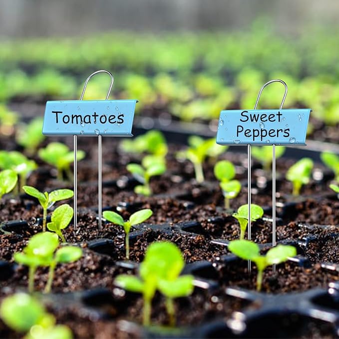 30-Pack Rust-Proof Metal Plant Labels with Galvanized Stakes, Height 10.6" Label Area 3.5"x1.2", Waterproof Weatherproof Garden Markers, Reusable Tags with 2 Pens (Blue)