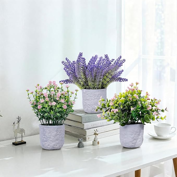 3-Pack Potted Artificial Plants, Small Eucalyptus Faux Plants for Shelf Desk Home Bathroom Farmhouse Room Coffee Table Decor (Pink Purple)