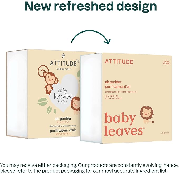 ATTITUDE Baby Air Purifier, Activated Carbon Freshener, Odor Remover, Plant and Mineral-Based, Vegan, Pear Nectar, 8 Ounces