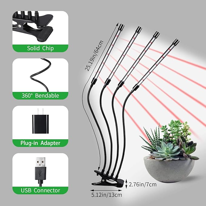 RWNTAO Grow Lights for Indoor Plants,168 LEDs Clip Plant Lights, Full Spectrum LED Plant Growing Lamps with Flexible Gooseneck, 3/9/12H Timer, 3 Spectral Modes, 10 Dimmable Levels, 4 Head