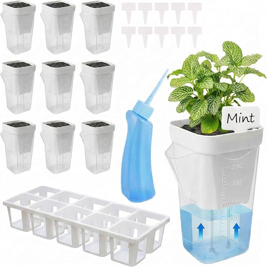 10 Pack 2.5" Self Watering Pots for Indoor Plants with Anti-Tip Tray & Reservoir Refill Bottle, Seed Starter Kit for Seedlings, Cuttings, Succulents, Herbs, 10 Plant Labels