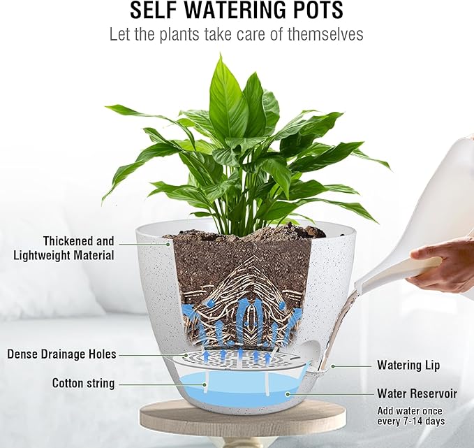 Meowell 10 inch Self Watering Hanging Planters, 2 Pack Hanging Baskets for Indoor Outdoor Plants, Hanging Flower Pots with Drainage Holes and 2 Kinds of Plant Hangers for Garden Decor, Speckled White