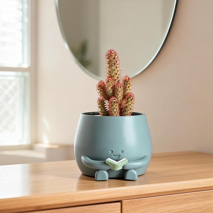 ZSHAWN Smiley Face Planter, Book Lover Plant Pot, Resin Bookworm Planter with Drainage Hole Plug, Cute Reading Succulent Pot Happy Face Indoor Desk Bookshelf Home Decor Blue