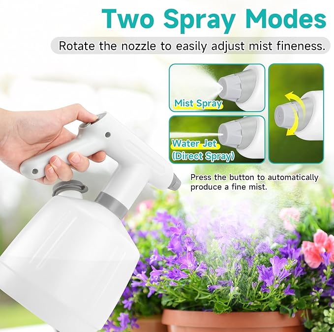 SANLIKE Electric Spray Bottle 2L Pump Sprayer Plant Mister, Automatic Watering Can Rechargeable Battery Powered Pressure Bottle with Adjustable Spout 2 Spray Types for Garden, Fertilizing, Cleaning