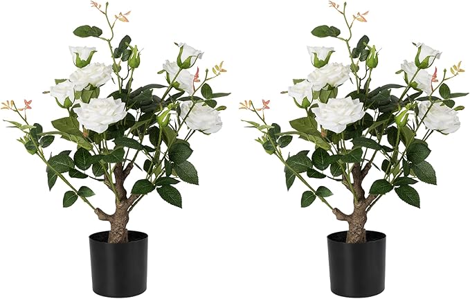 24’’ Artificial Rose Tree, 2 Pack Faux Rose Plants with White Flowers and Green Leaves, 2FT Silk Potted Tree for Indoor Outdoor Home Office Porch Garden Decor, White