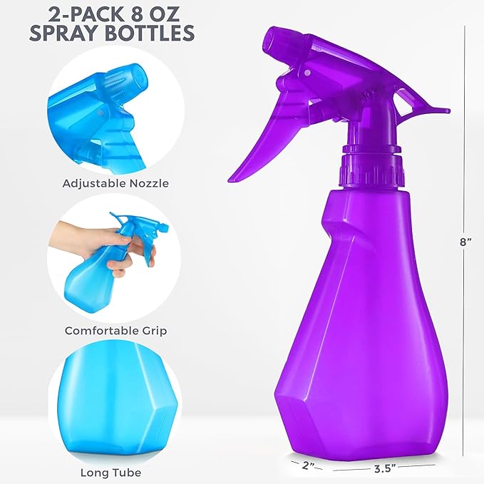 DilaBee 8oz 2-Pack Empty Spray Bottles for Cleaning Heavy Duty, Small Spray Bottle for Hair, Plant Mister, Squirt Bottle for Cats, Spritzer Bottles for BBQ - Blue & Purple Water Sprayer - BPA-Free