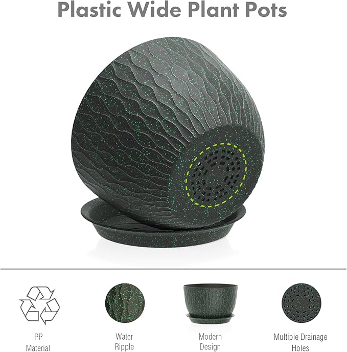 Meowell 12/10/9 inch Large Plant Pots, 3 Pack Wide Flower Pots for Outdoor Indoor Plants, Water Ripples Plastic Planters with Drainage Holes and Saucers for Garden House, Black with Green Speckles