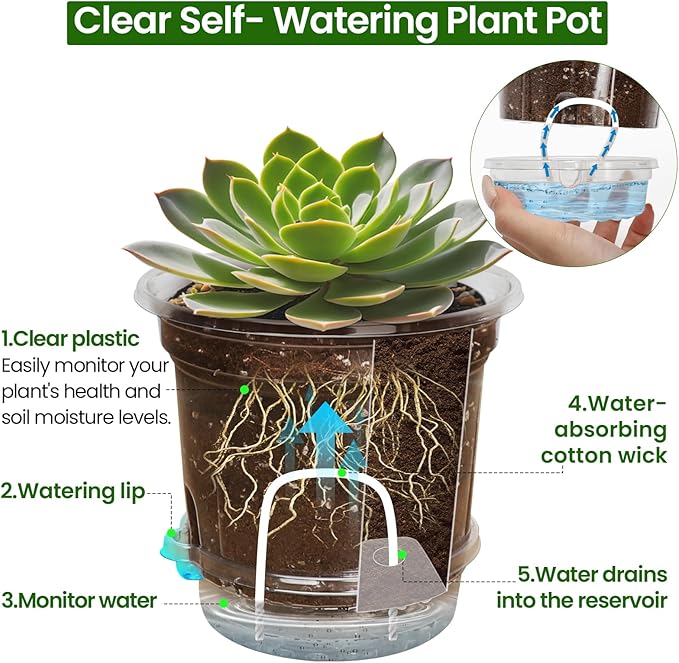 Bluepro 18 Pack 6.5/5/4 Inch Clear Self Watering Plant Pots with Bottom Water Tray & Watering Rope, Transparent Nursery Pots with Drainage for Seedlings, Herbs, and Houseplants