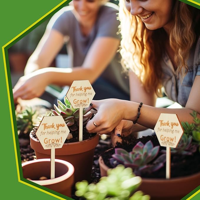 Sieral 50 Pcs Wooden Teacher Appreciation Plant Tags Sign, Thank You for Helping Me Grow, Hexagon Plant Tags, Grow Succulent Gift Card Graduation Gifts Stakes Labels Garden for Baby Shower