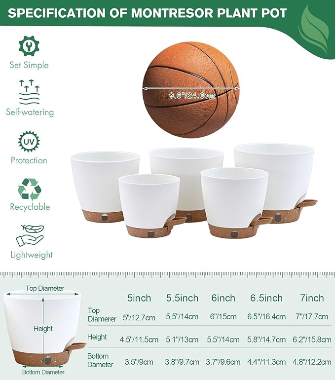montresor 5-Pack Self-Watering Planters with Wick & Reservoir (5/5.5/6/6.5/7 Inch) – Plastic Indoor Pots with Drainage, Modern White Flower Pot for Violet, Herb