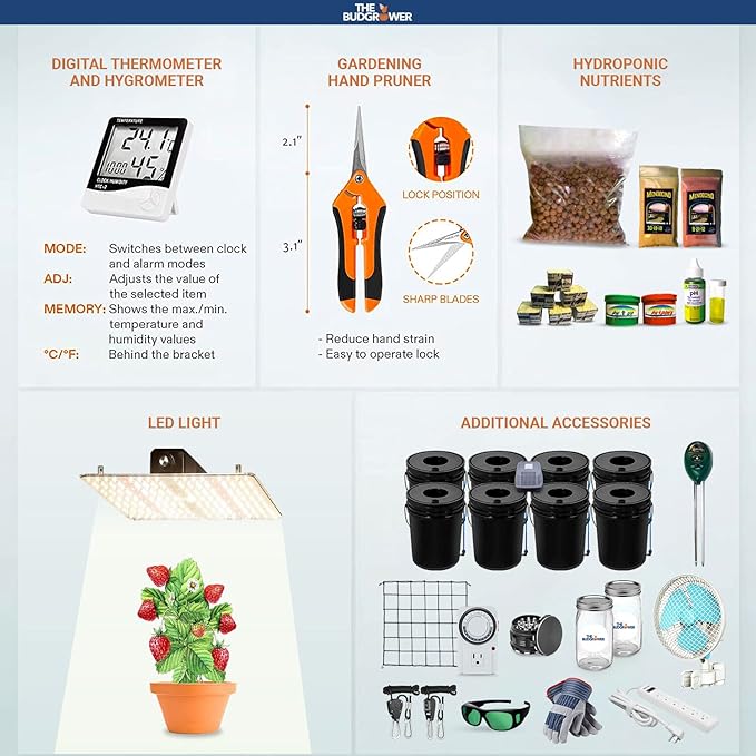 Complete Indoor Hydroponic Grow Kit, (2) 600W LED Veg/Flower Spectrum Grow Light, (8) 5-gal DWC, 48"x48"x80" 1680D Canvas Tent, Premium Ventilation, Everything Included!