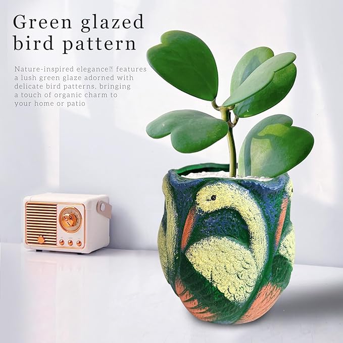 Ceramic Flowerpot with Bird Glaze Patterns,Vintage-Inspired Oval Thick Green Glaze Cylindrical Planter for Succulents Indoor Outdoor Decor