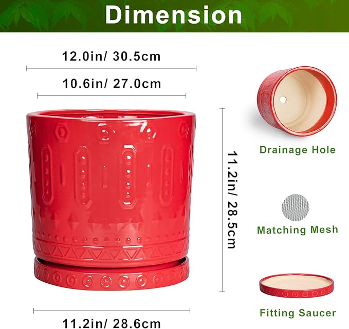Eightpot 12 Inch Pots for Plants, Ceramic Pots for Plants Indoor Outdoor, Round Flower Pot with Drainage Holes and Saucers, Modern Decorative Planter, Home Porch Decor, Gardening Gifts, Red